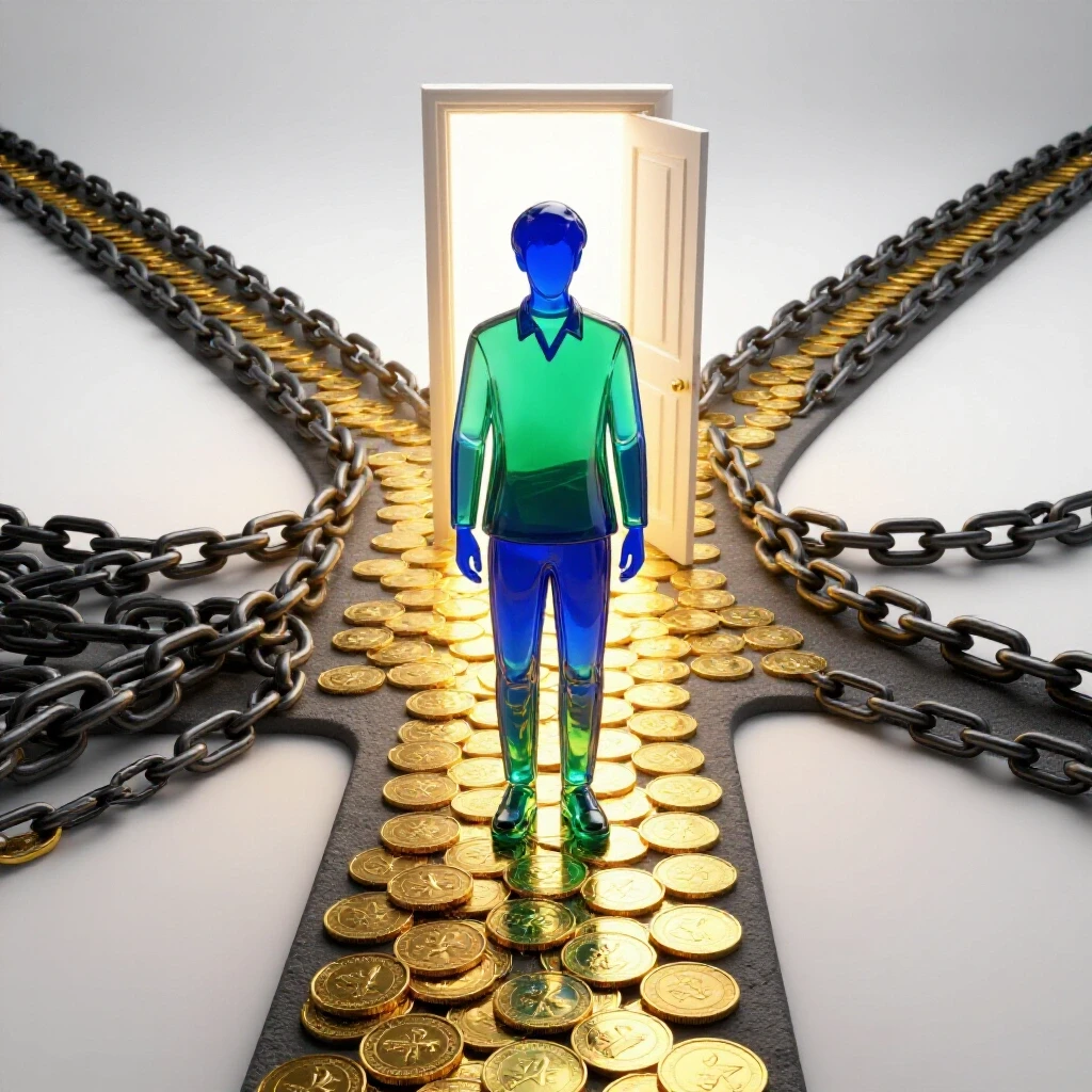 A student silhouette at a crossroads, one path lined with gold coins to a bright door, the other tangled in chains.