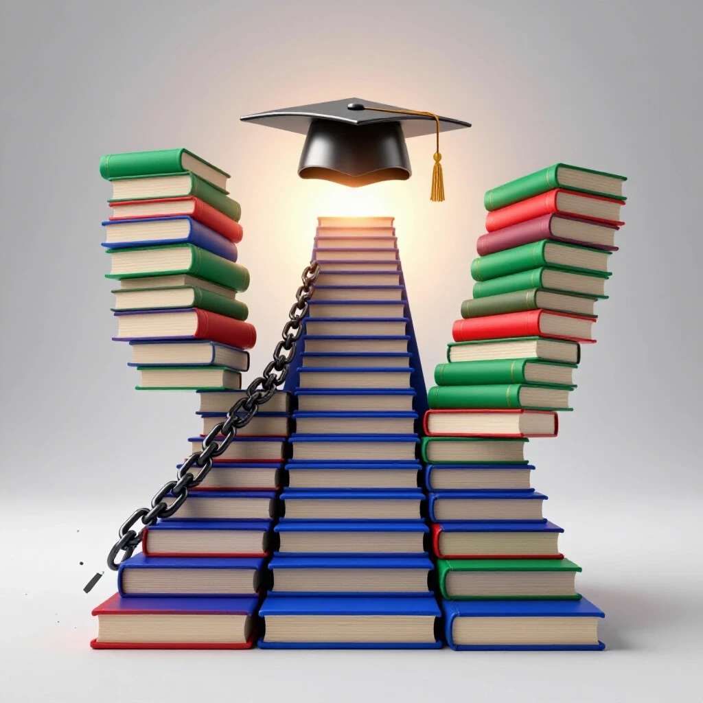 Books stacked as a staircase with broken chains behind, leading to a glowing graduation cap, symbolizing debt-free education.