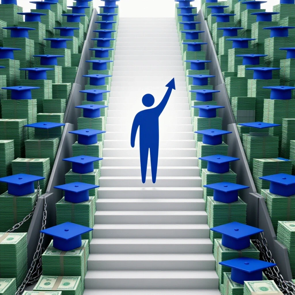 A staircase made of graduation caps and cash ascends above chains toward a bright, clear horizon symbolizing debt-free MBA success.