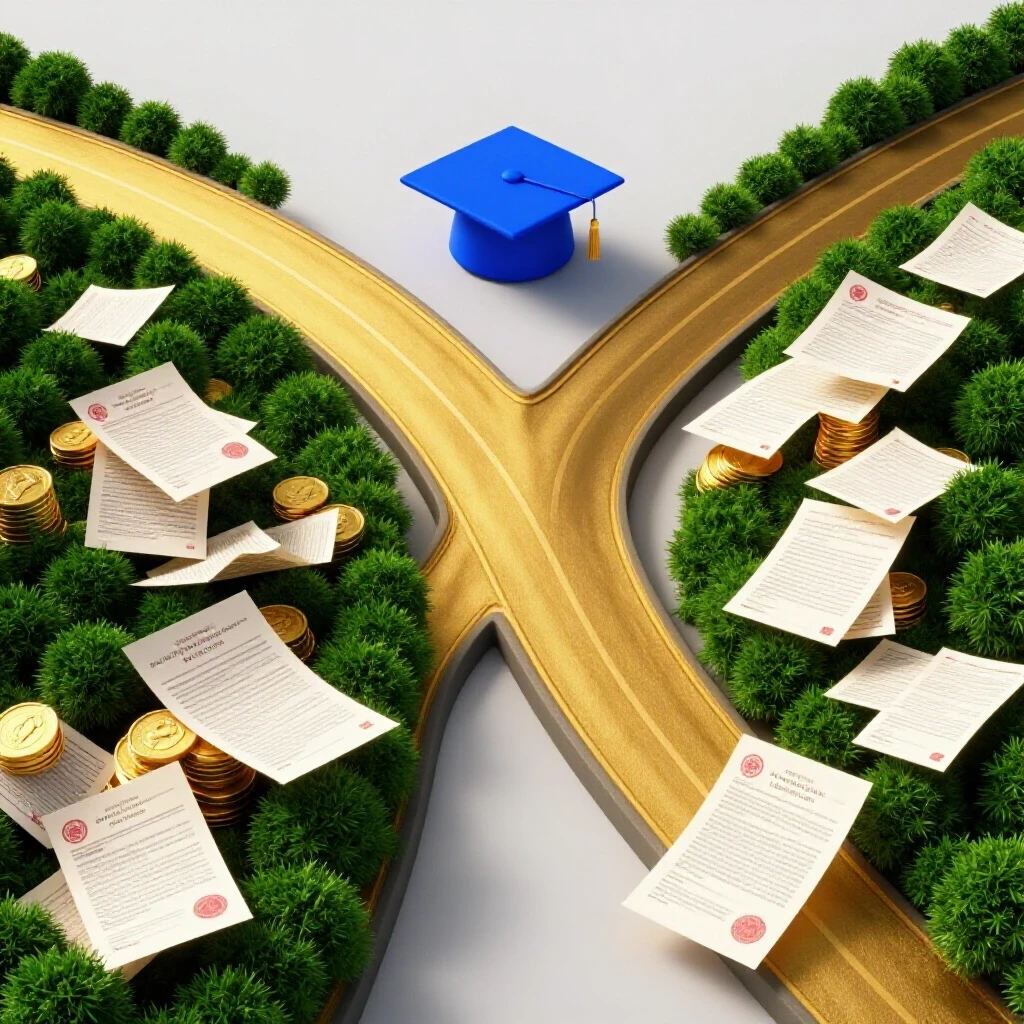 A golden road of coins leads to a graduation cap, while another path winds through tangled loan documents, symbolizing choices between debt and educational rewards.