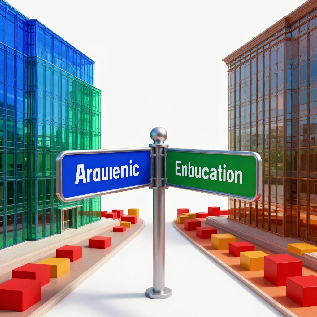 Signpost at a crossroads with a bright academic building on one side and bold opportunity symbols on the other.