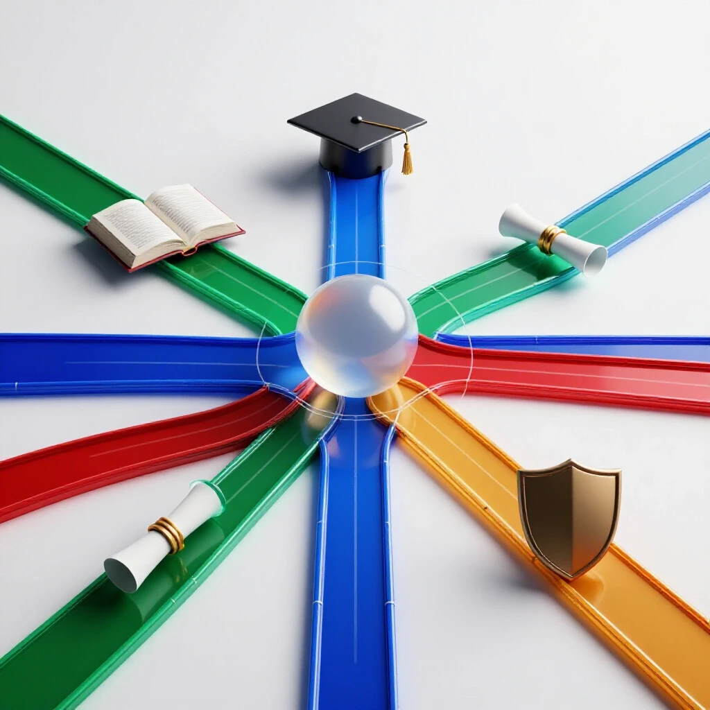 Colorful academic symbols connected by glowing pathways and a grid overlay, centered at a crossroads on a bright background.