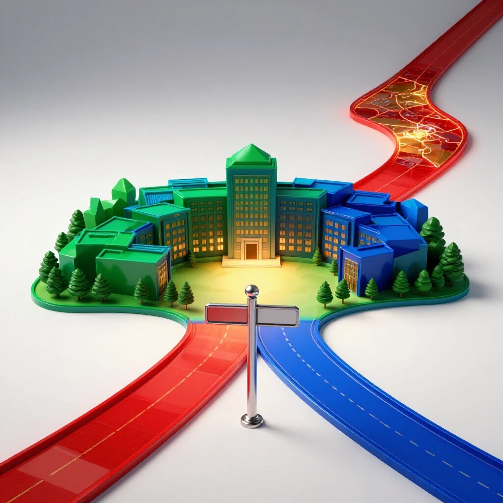 Two vibrant 3D pathways diverge at a metallic crossroads, with one leading to a bright campus and the other to an unfolding map.