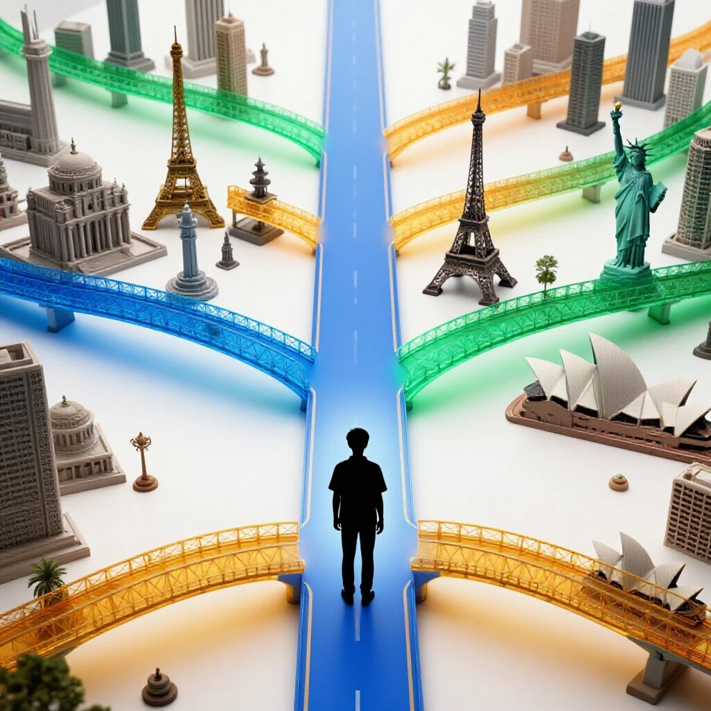Student at crossroads choosing between local landmarks and global cities, connected by glowing bridges.