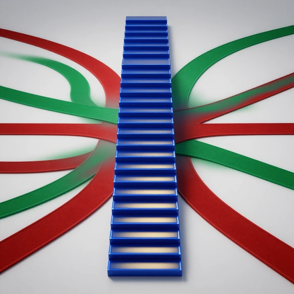 Glossy blue steps rise at a crossroads with vivid winding paths fading into a bright studio background