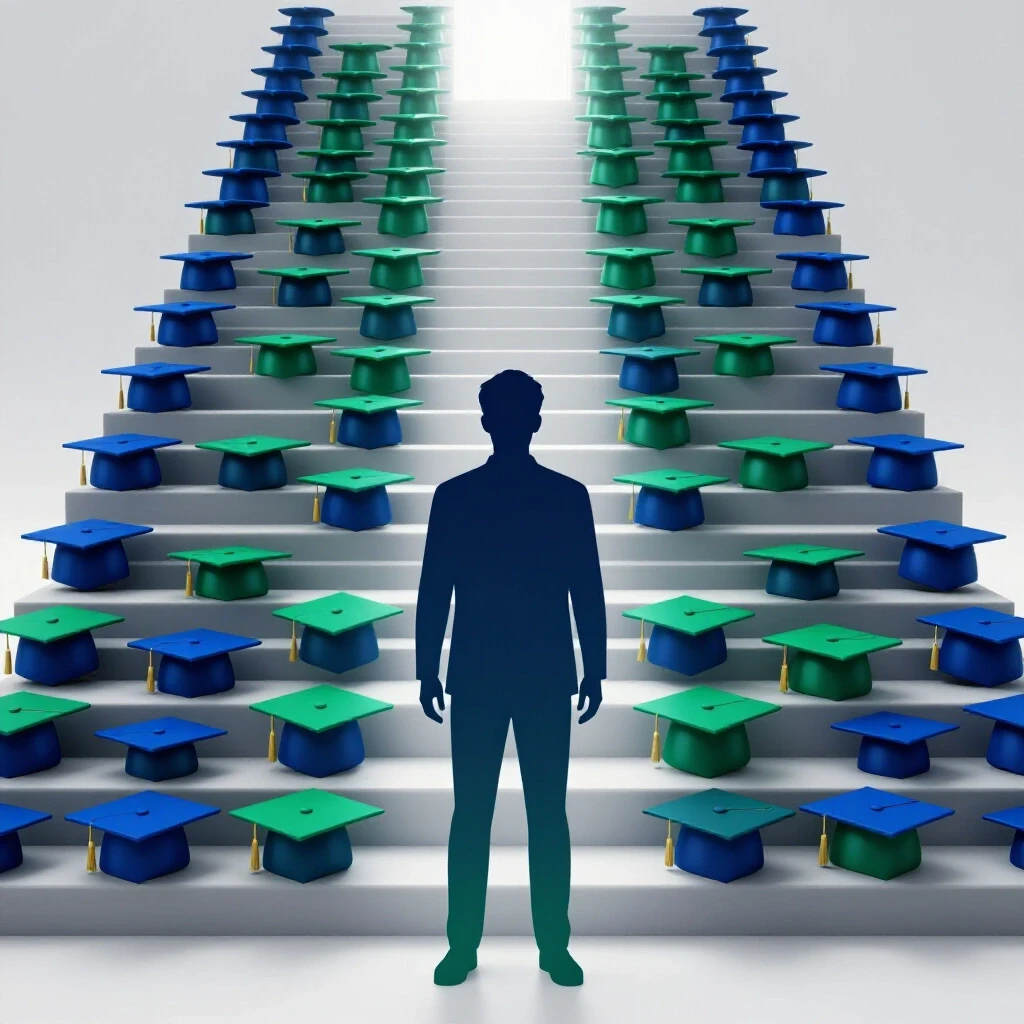 Staircase built from graduation caps leading to a glowing doorway, with an adult silhouette blending youthful and older profiles at the base, symbolizing career advancement after 40.