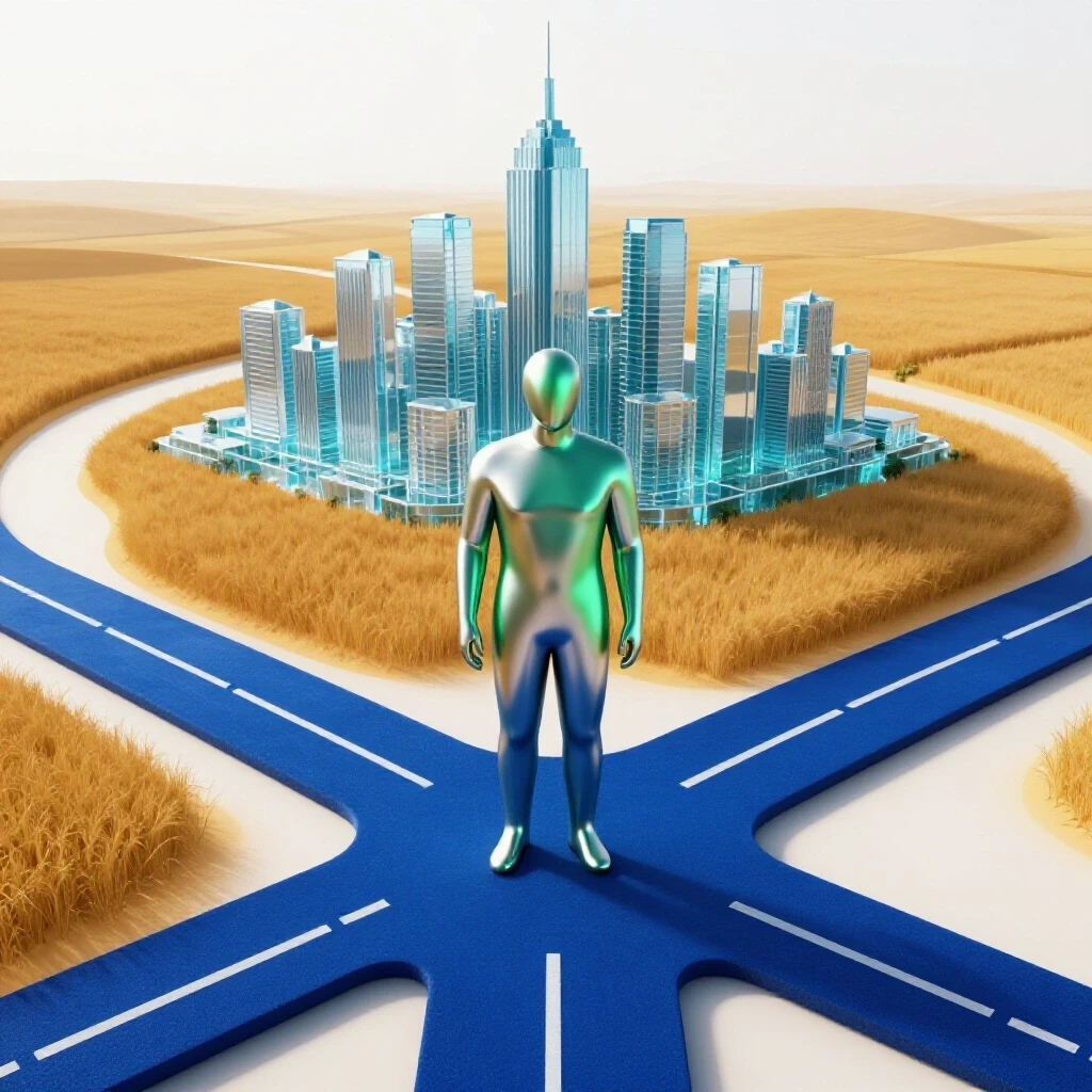 Mature silhouette stands at a vivid crossroads, choosing between a vibrant city and a tranquil countryside.