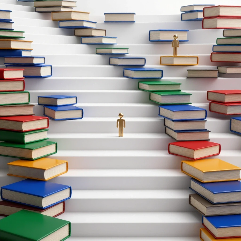 Staircase of vibrant colored books ascending into a bright horizon, with diverse symbolic figures at different steps representing educational journeys and disparities.