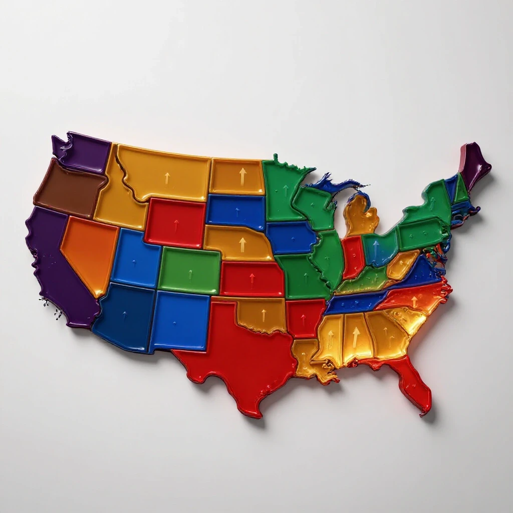 Vivid 3D map of the United States with highlighted elevated states and upward arrows on a bright white background.