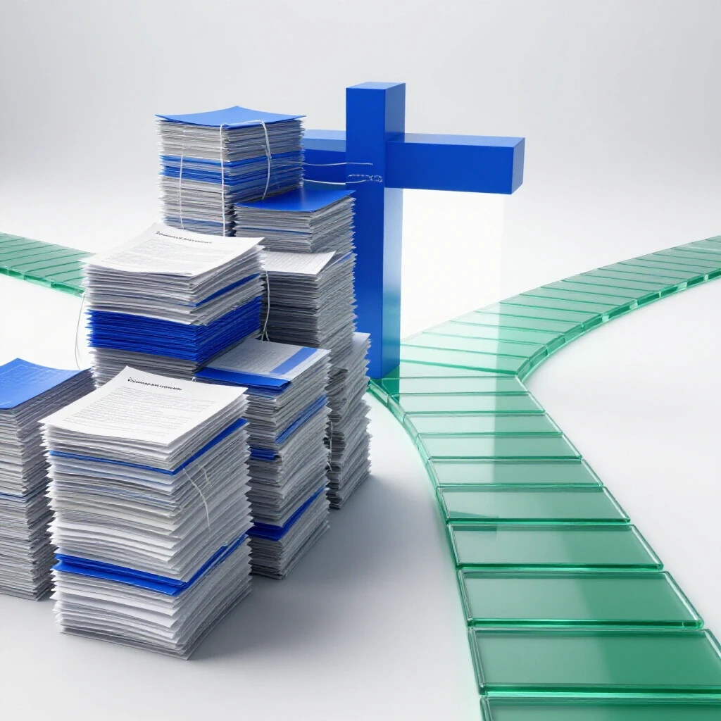 A crossroads scene with tangled paperwork on one path and a clear, brightly lit pathway on the other, symbolizing clarity in the degree audit process.