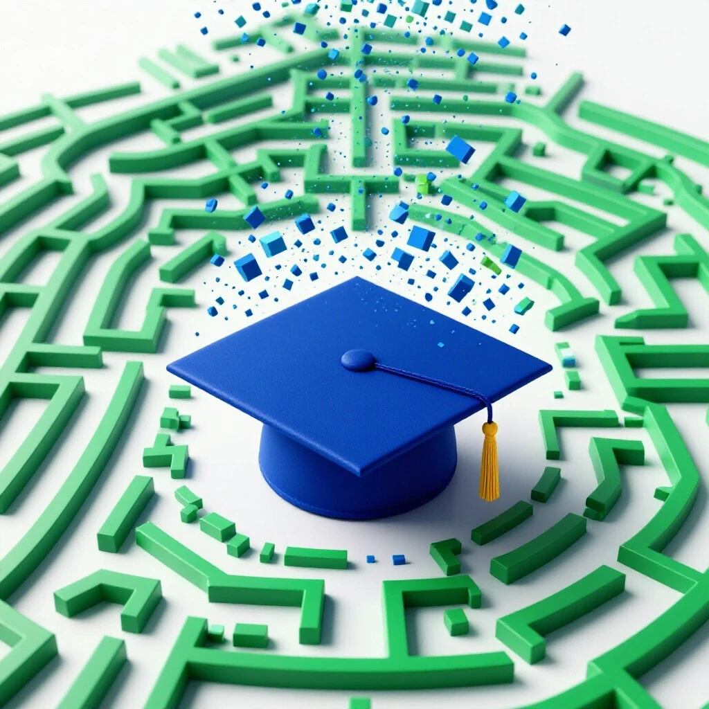 A graduation cap dissolves into pixelated fragments that merge into a vibrant maze of career pathways on a bright background.
