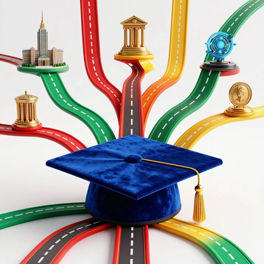 Graduation cap with vibrant, branching roads leading to diverse symbols of career pathways, set against a bright background.