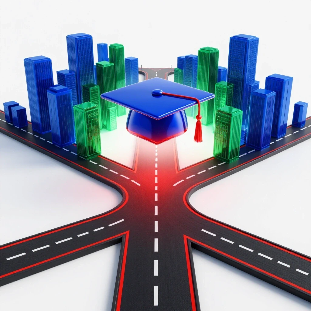 A glowing graduation cap hovers above a forked road leading toward a vibrant cityscape, symbolizing education choices.