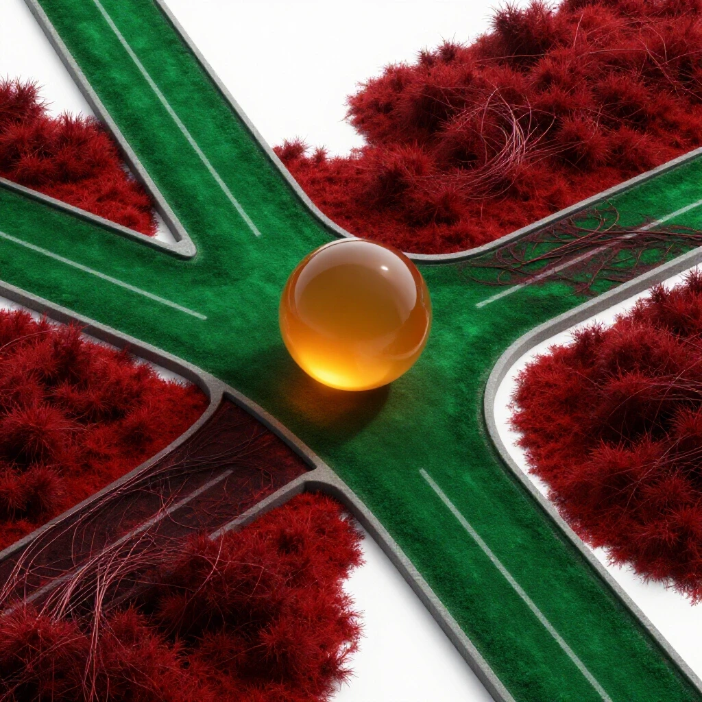 A vibrant crossroads with a glowing orb at the center, one path lush and green, the other dark and tangled, symbolizing degree choices and burnout risk.