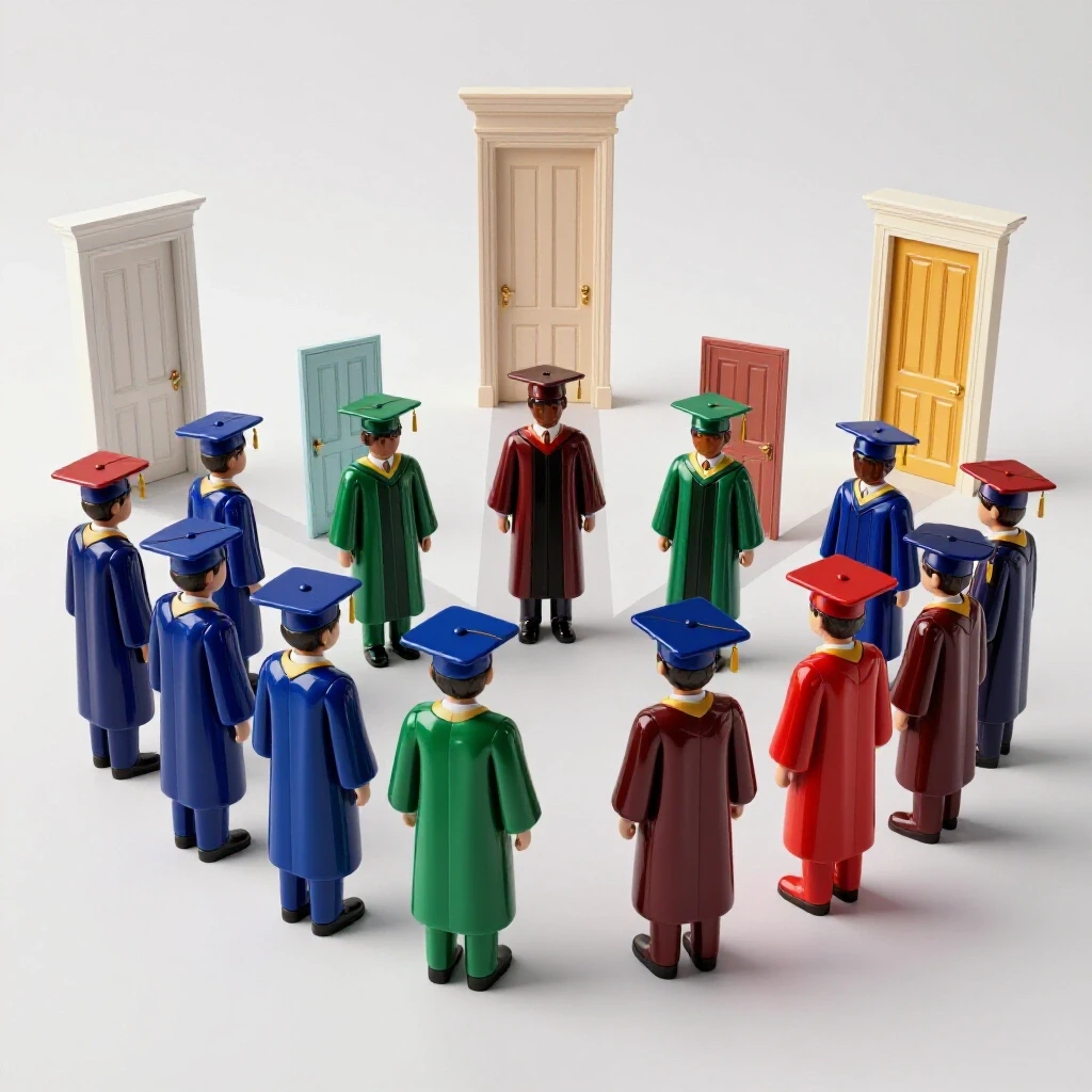 Glossy, colorful graduate figures at a crossroads with paths leading to brightly lit doors symbolizing career options.