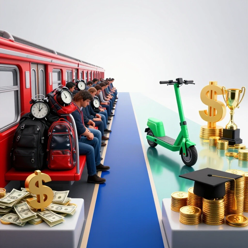 Split-path scene showing stressful crowded commute versus calm efficient journey, leading to contrasting graduation outcomes with financial symbols.