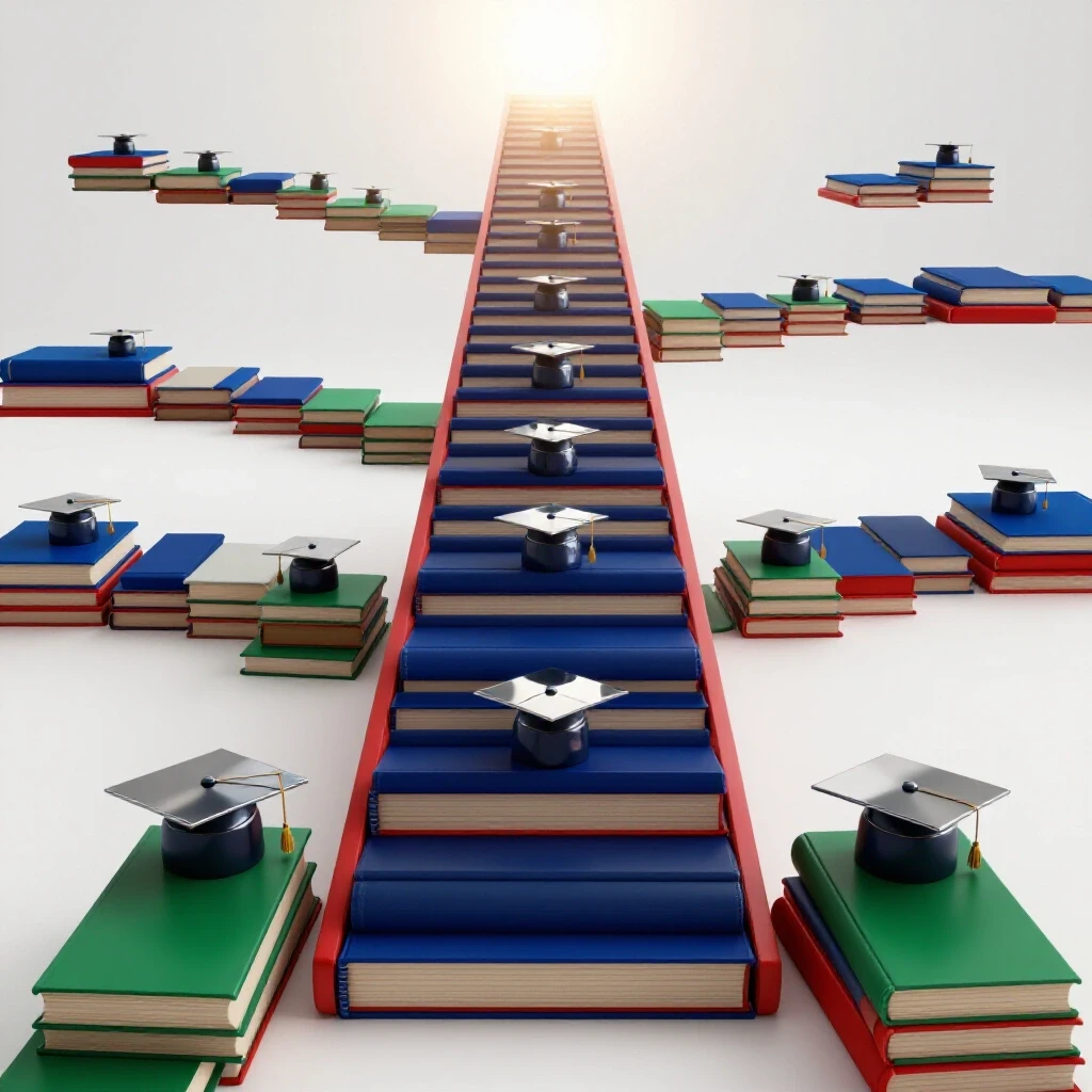 Stacked books and graduation caps form an upward staircase with branching paths leading to a glowing goal.