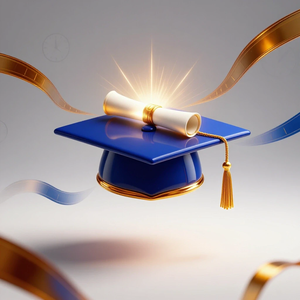 Graduation cap transforming into a glowing diploma with timeline ribbons and clock motifs on a bright background