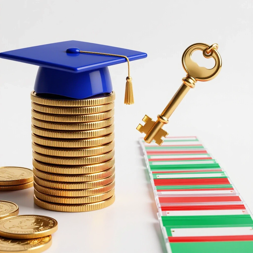 Contrasting a stack of coins with graduation cap against a golden key unlocking a path of vibrant scholarship certificates.