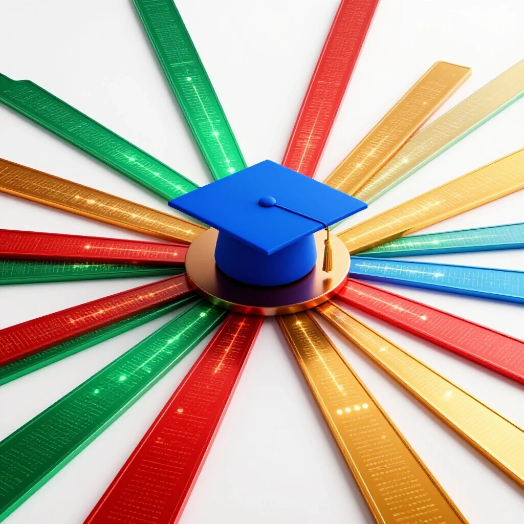 Bright, clean scene with a central blue graduation cap and branching colored pathways showing glowing data graphs.