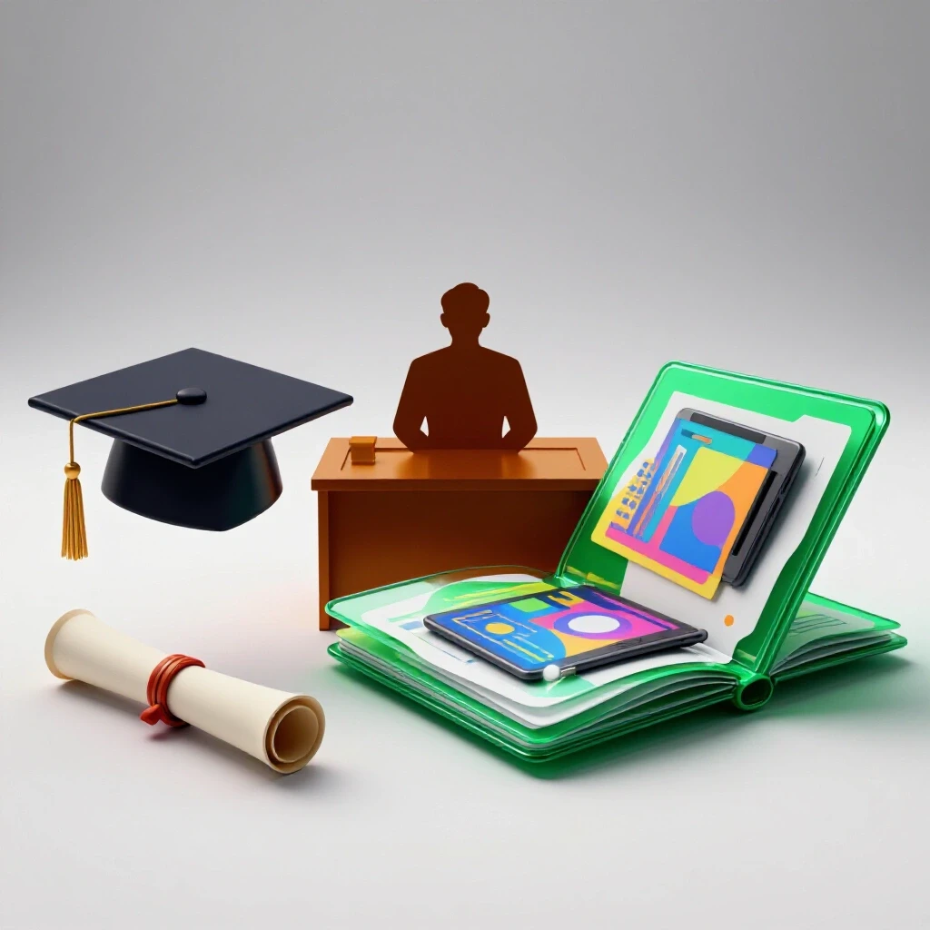 Split scene of graduation cap and portfolio facing a mysterious hiring manager silhouette behind a desk.