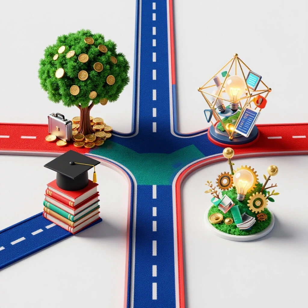 At a crossroads, books and graduation caps lead to a tree of coins and briefcases, while a creative project blossoms into symbols of side hustle opportunities.