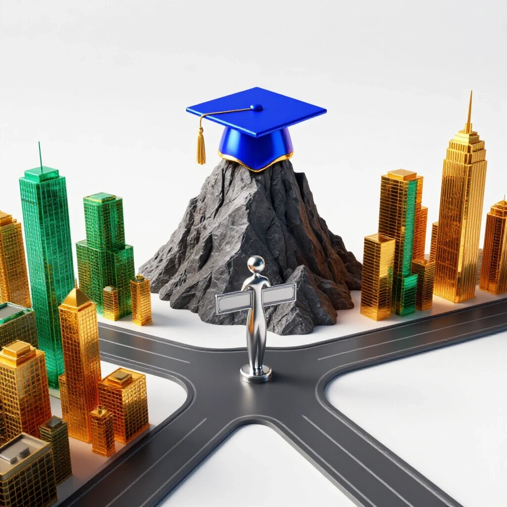A crossroads splits toward a graduation cap on a mountain and a vibrant city skyline, with a symbolic signpost at the intersection