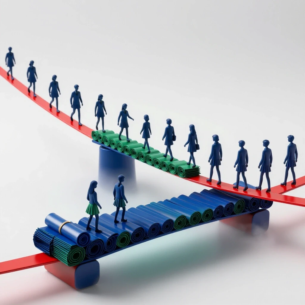 Students traverse a glossy diploma bridge or a tense tightrope over a glowing foggy void, symbolizing different income-share agreement risks.