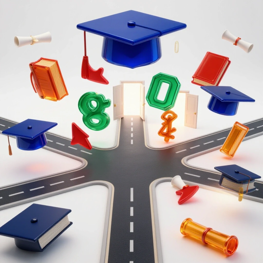 A crossroads with glowing academic symbols and mysterious doorways against a bright studio background.
