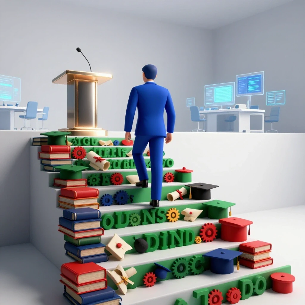 A central staircase of vibrant academic symbols leads up to a glowing leadership podium overlooking a modern workspace.