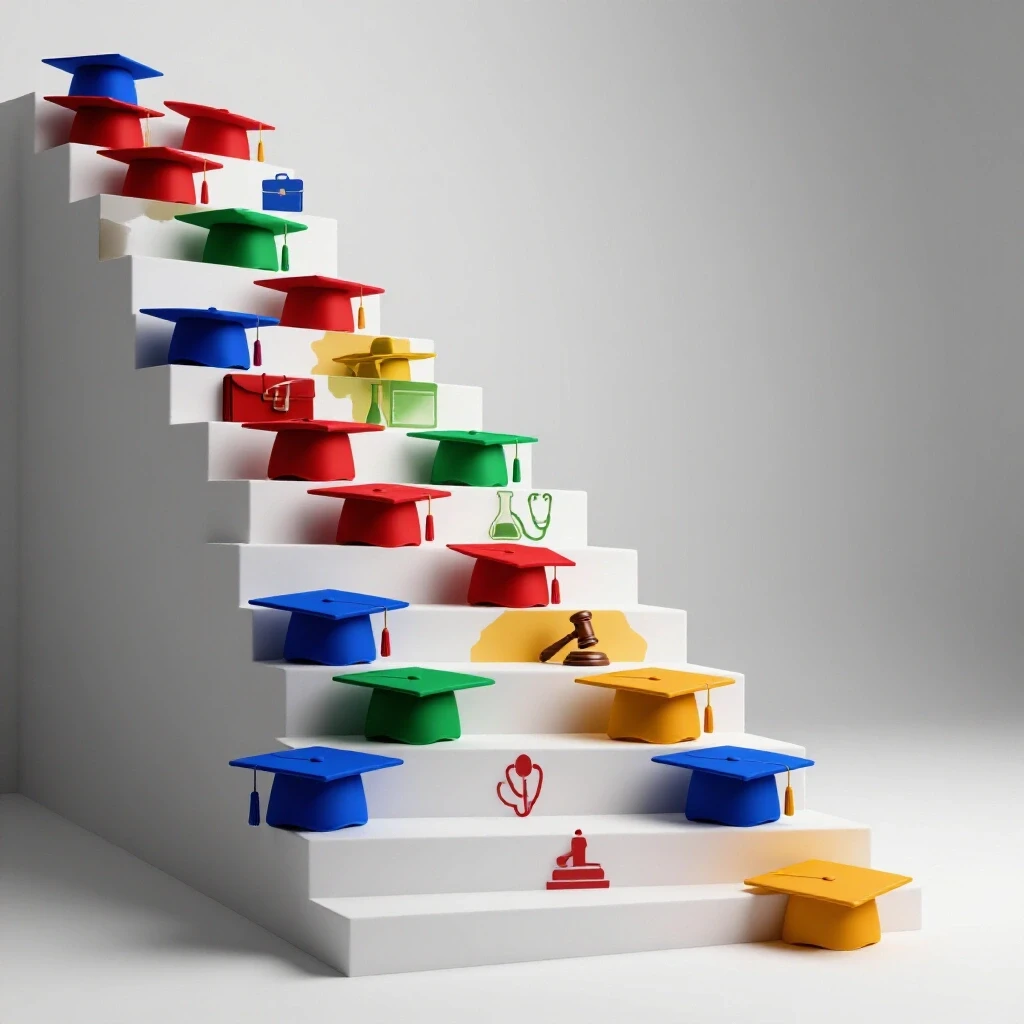 Staircase made of colorful graduation caps ascending in bright studio light, with career icons on each step.