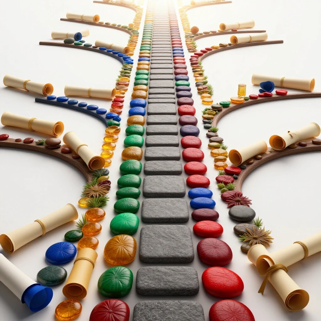 A vibrant path of stepping stones transforming into diploma scrolls, branching toward a bright horizon on a luminous background.