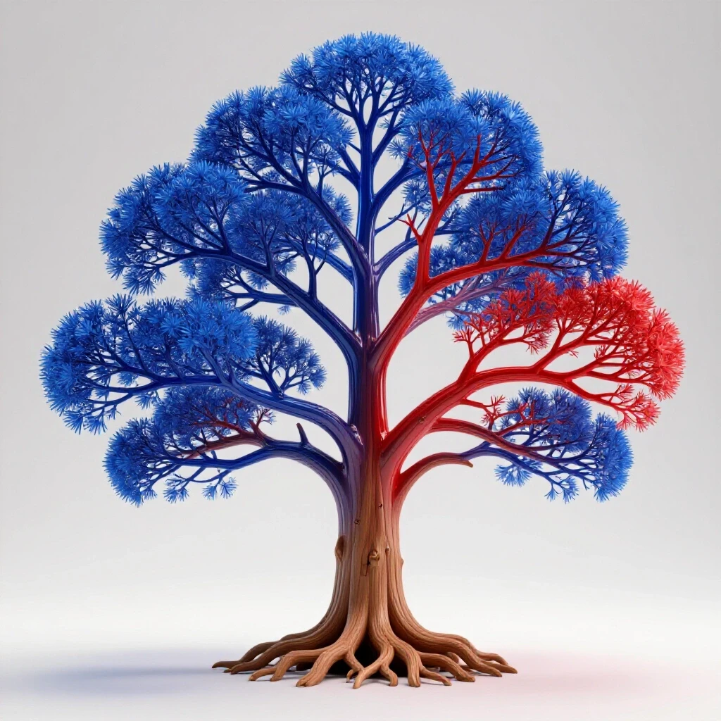 Intertwined royal blue and crimson red branches on a branching family tree sculpture, transitioning from traditional wooden roots to modern glass branches, set on a bright illuminated white background with clear space around the main subject.