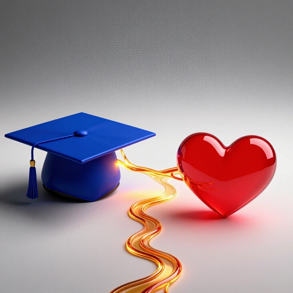 A graduation cap and a glowing heart joined by a luminous path, set on a bright white background.