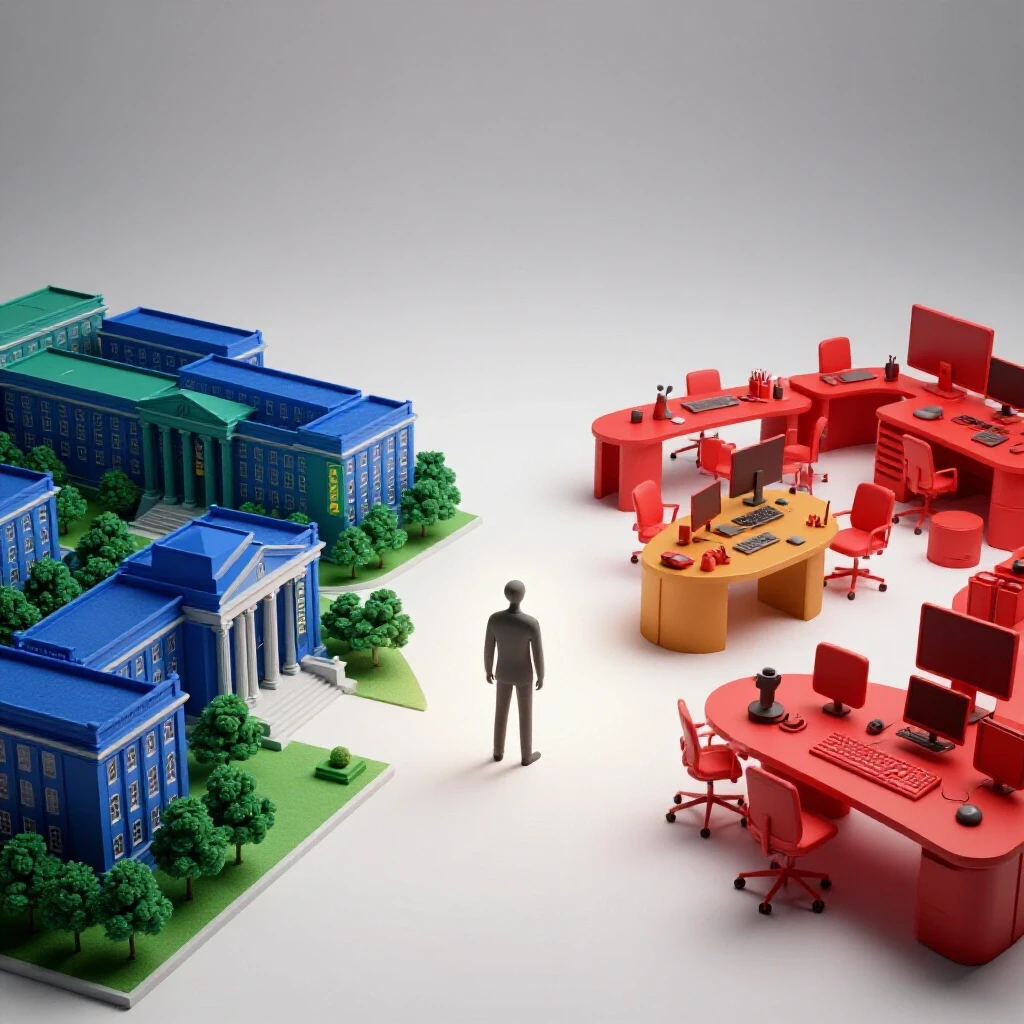 Luminous split scene showing a university campus and a dynamic startup workspace divided by a crossroads.