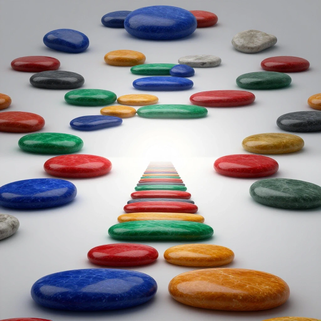 A winding path of vibrantly colored stepping stones leads toward a radiant white horizon, symbolizing academic progress.