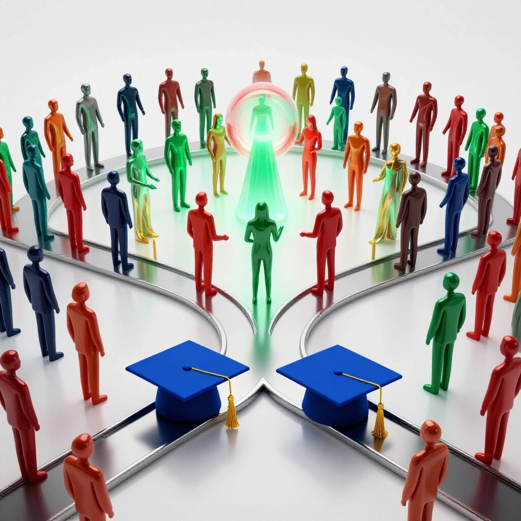A forked path leading to a graduation cap on one side and a glowing opportunity on the other, with diverse figures debating at the crossroads.