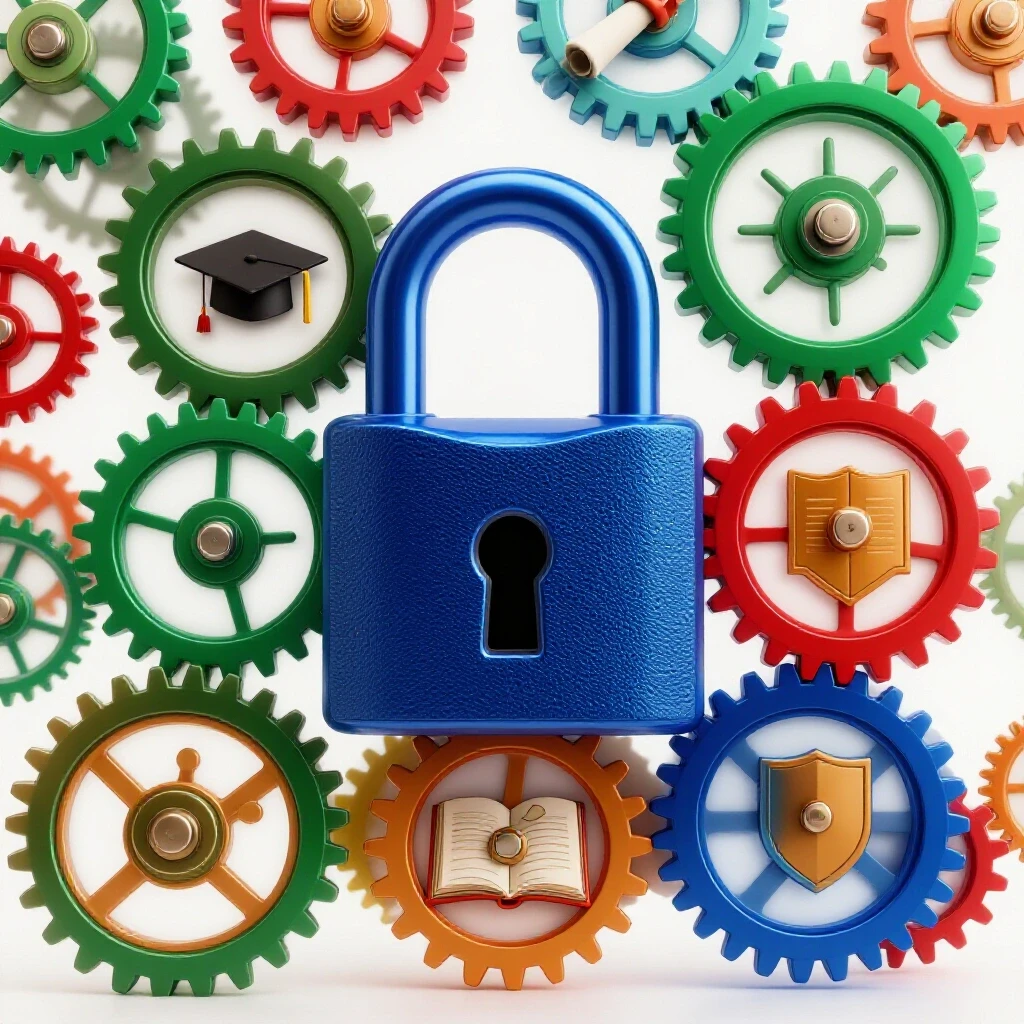 Colorful interlocking gears forming a metallic lock, each gear revealing academic symbols on a bright white background.