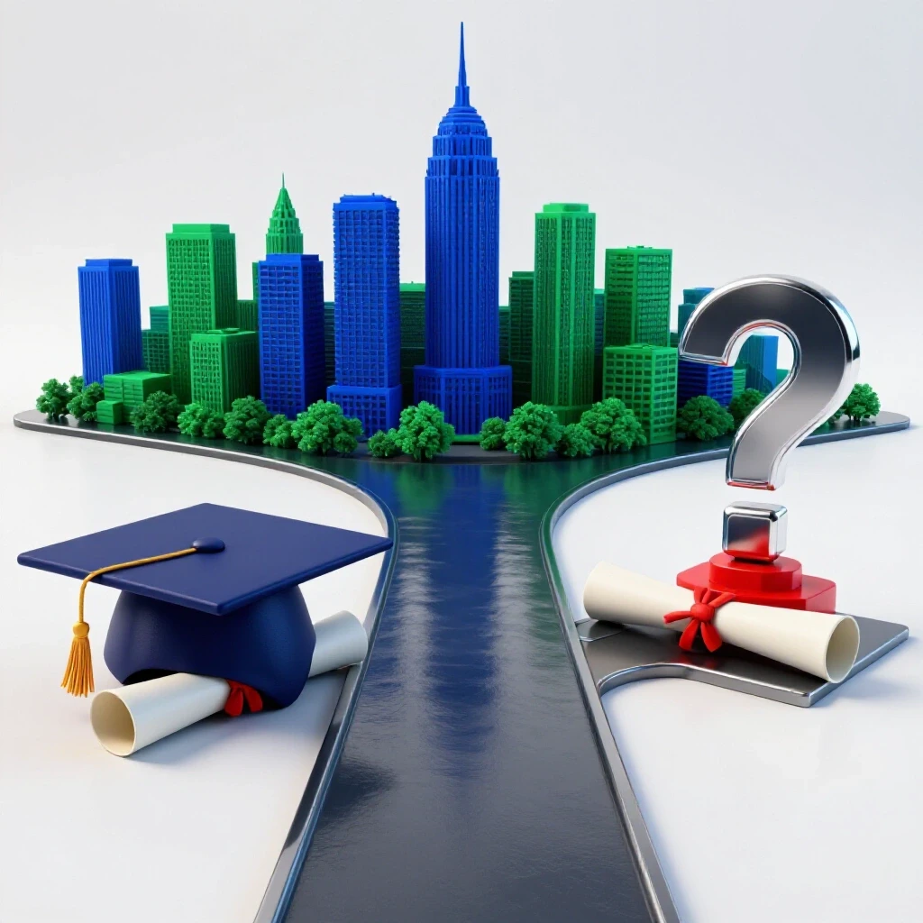A split pathway with a graduation cap and diploma leading toward a bright city skyline on one side, and a contemplative crossroads with reflective elements on the other, set on a luminous white background.