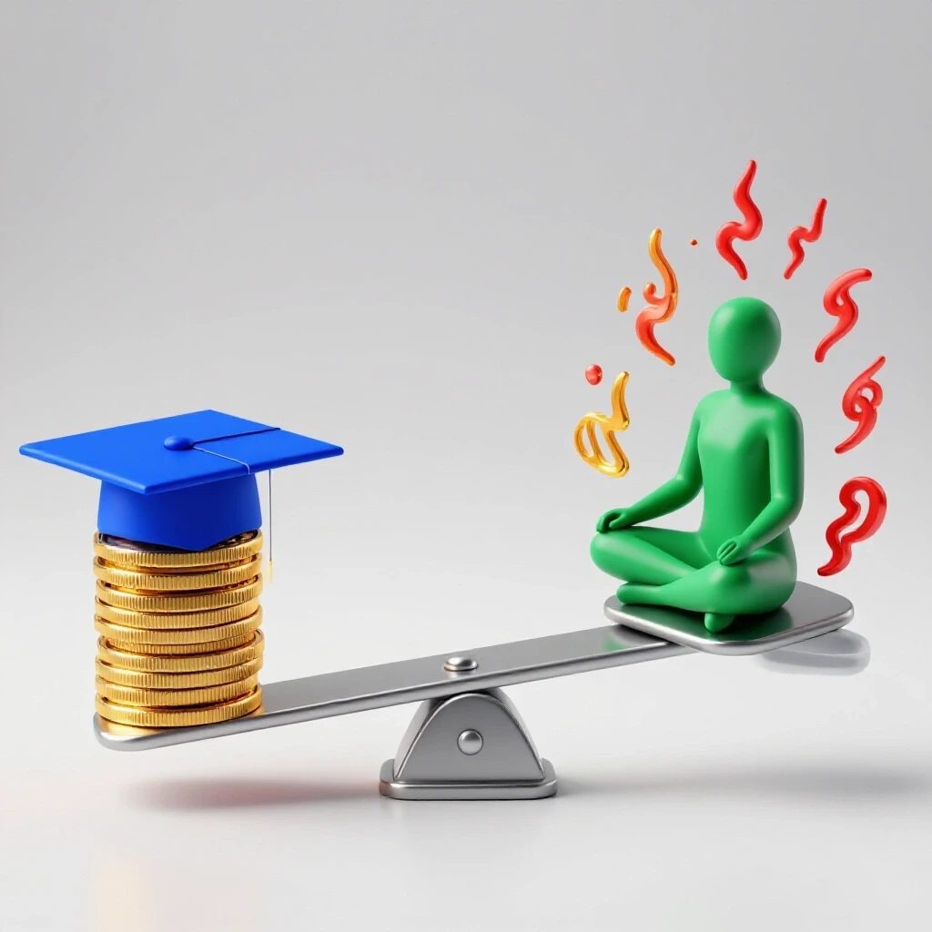 Seesaw balancing a glowing graduation cap with coins and a serene meditating figure amid swirling stress symbols