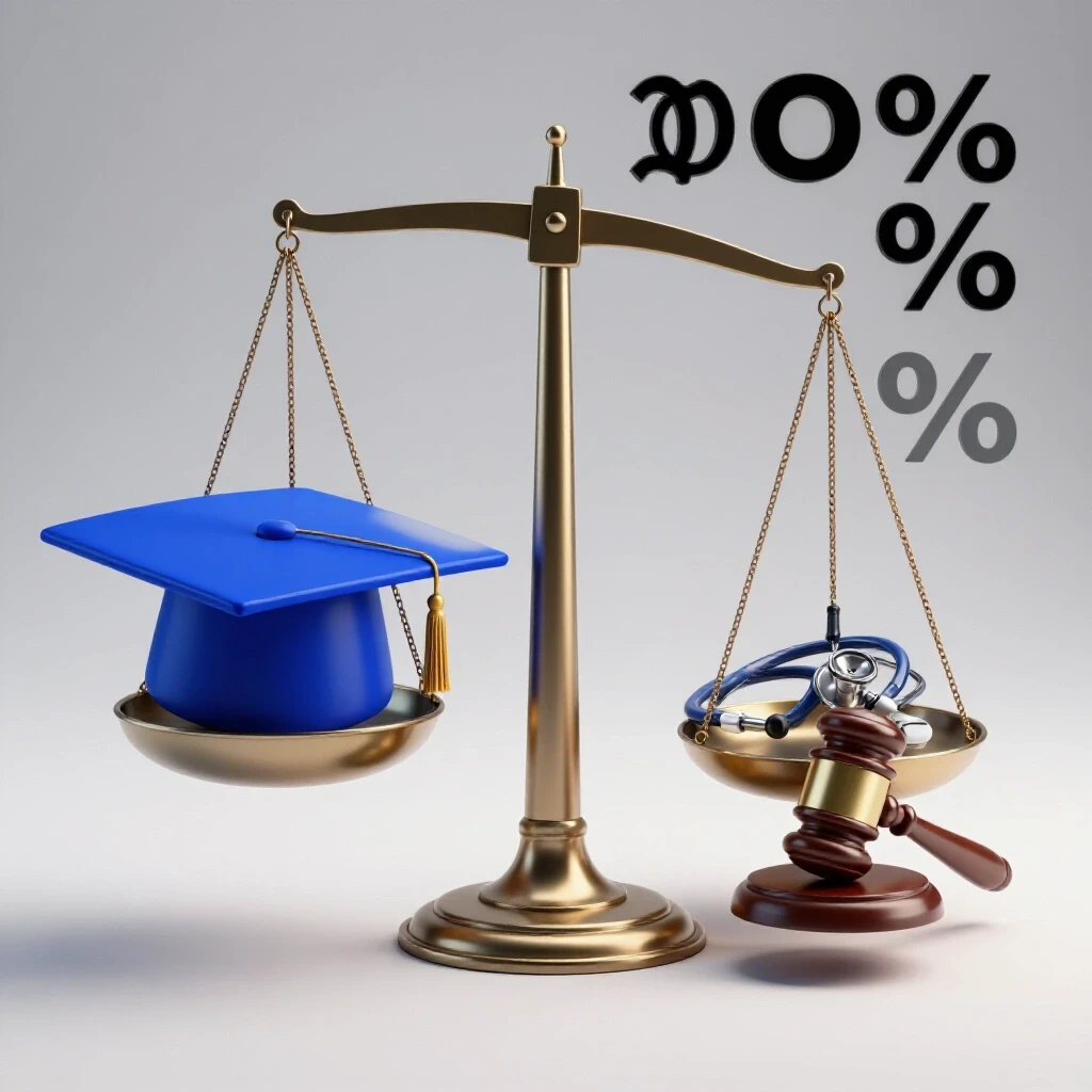 A modern balance scale with a blue graduation cap on one side and professional tools on the other, set against a bright studio background.