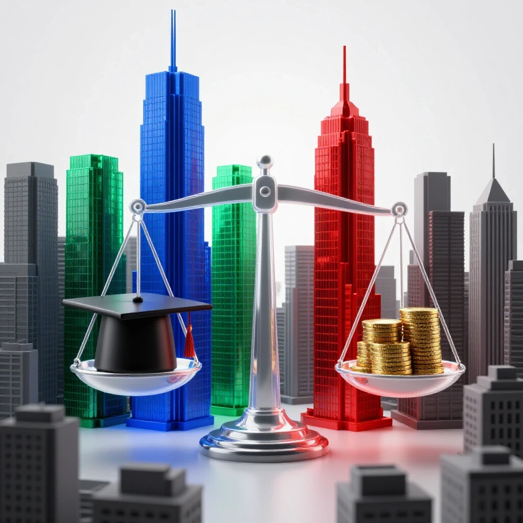 Split cityscape with modern and traditional skylines linked by glossy scales holding graduation caps and coins.