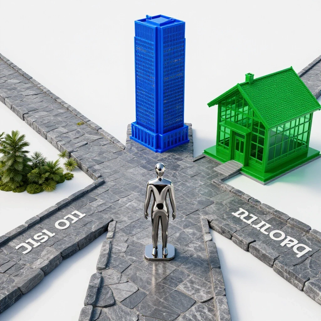 Abstract crossroads with split paths leading to a tall skyscraper and a sturdy house on a bright background