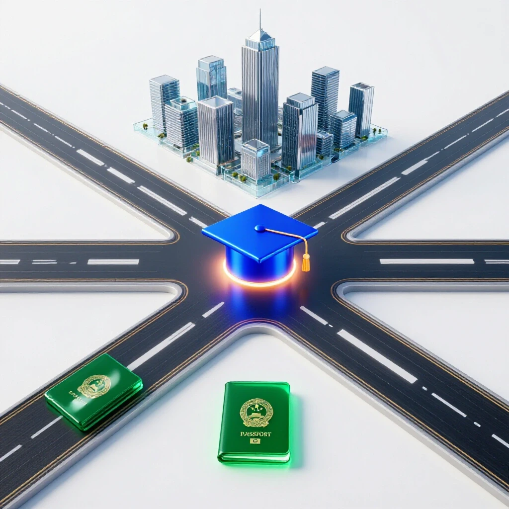Glossy crossroads with illuminated graduation cap and emerald passport icons leading to a bright, distant skyline