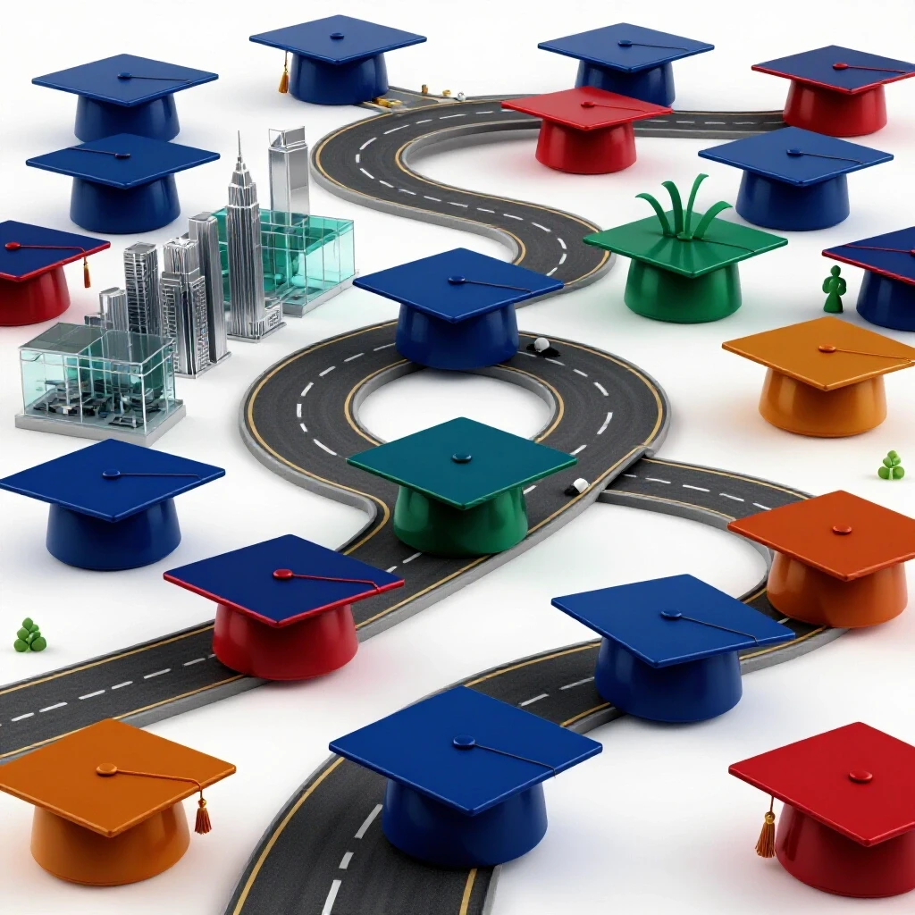 A winding road of colorful graduation caps branches toward city skylines and creative studios, glowing with golden highlights.