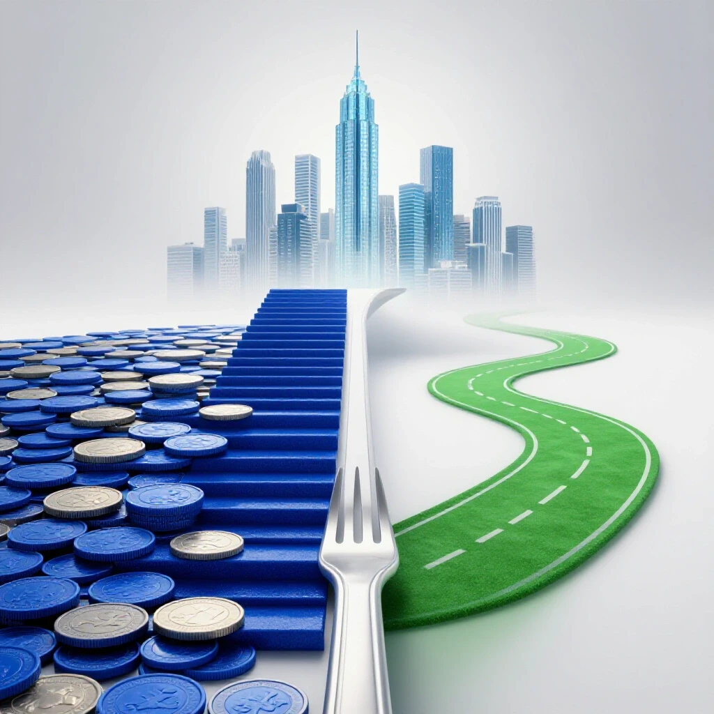 Glossy coin staircase leads to bright city while winding green road fades into uncertainty on white background.