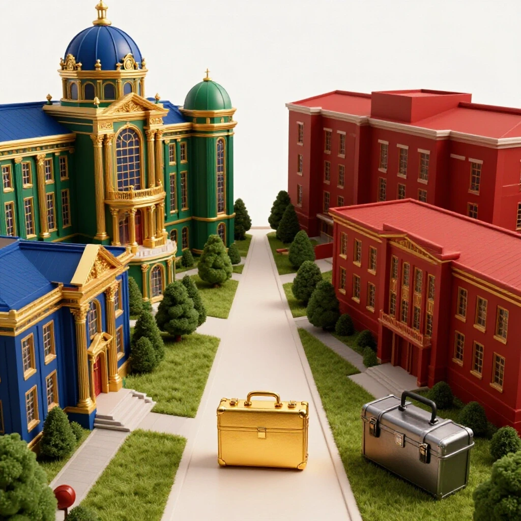 Split scene shows ornate campus and modest campus with diverging paths to a golden briefcase and a toolbox.