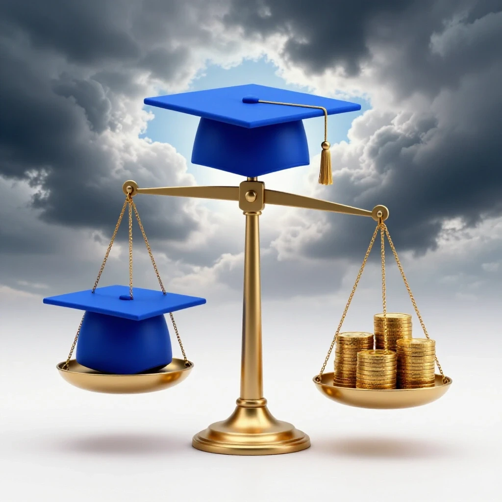 A balancing scale with a graduation cap on one side and gold coins on the other, set against parting storm clouds revealing a clear sky, symbolizing educational investment versus financial reward.