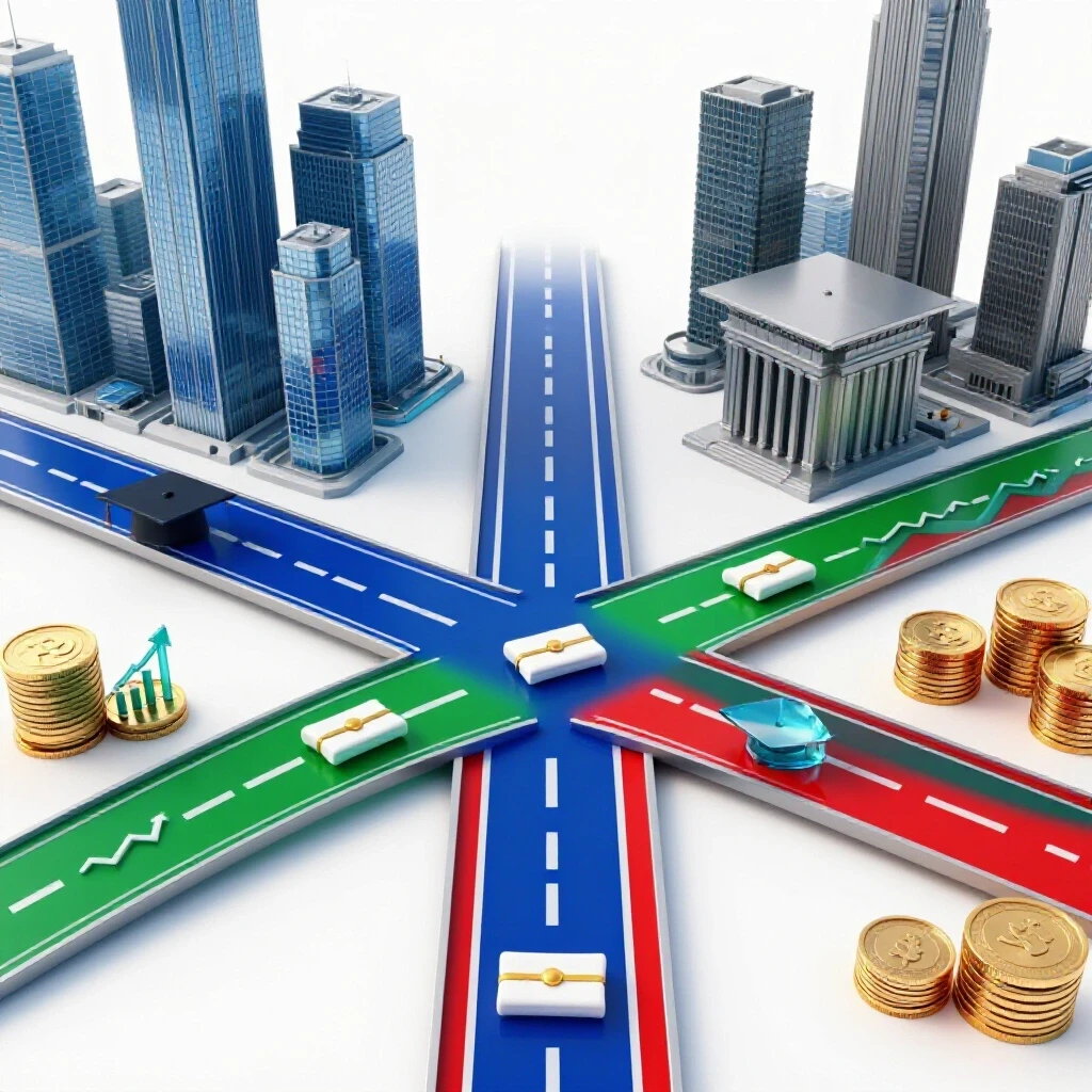 Central crossroads with colored paths leading to contrasting city skylines, featuring degree and financial growth symbols on a bright white background.