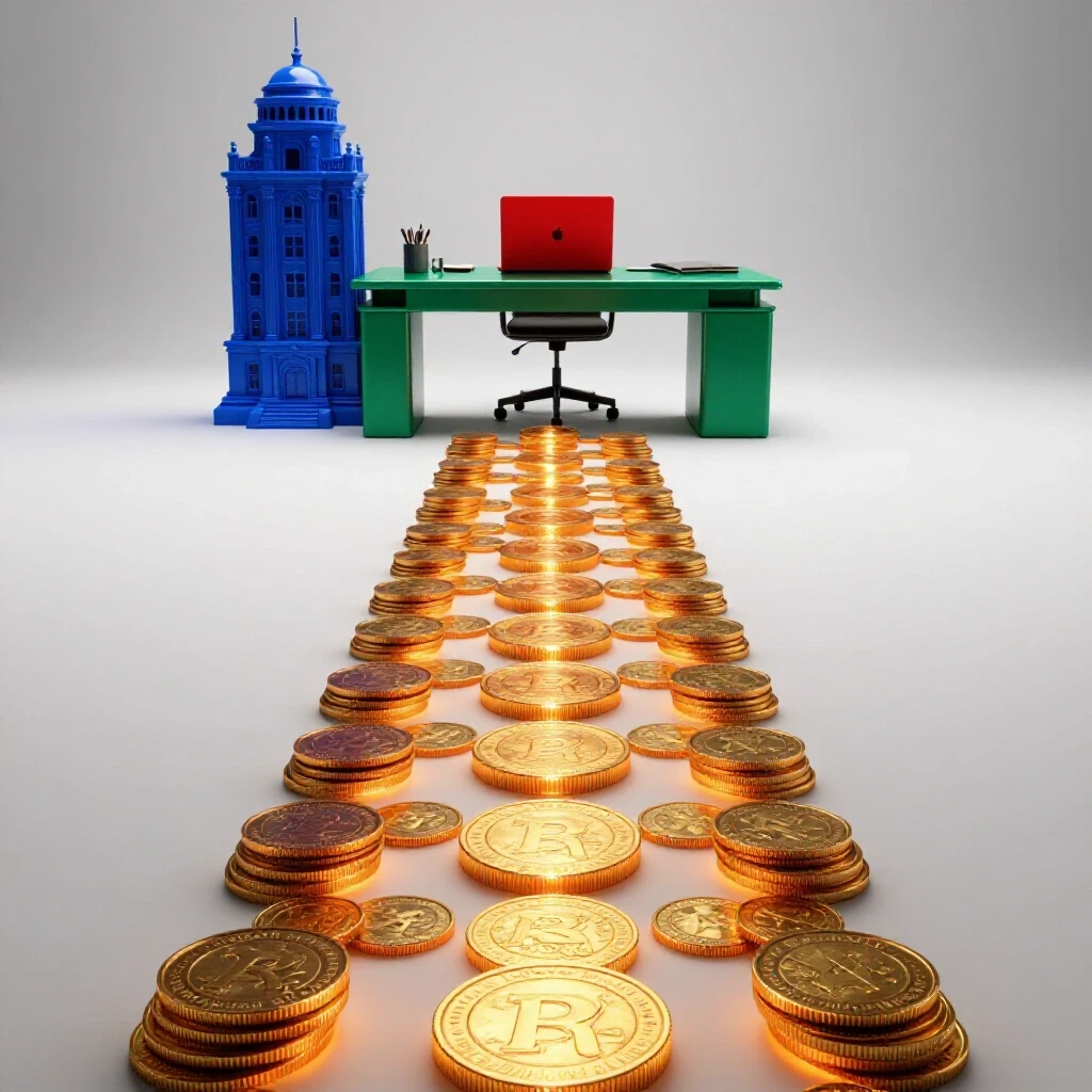 Pathway of glowing coins connecting a classic university building to a modern home office on bright background